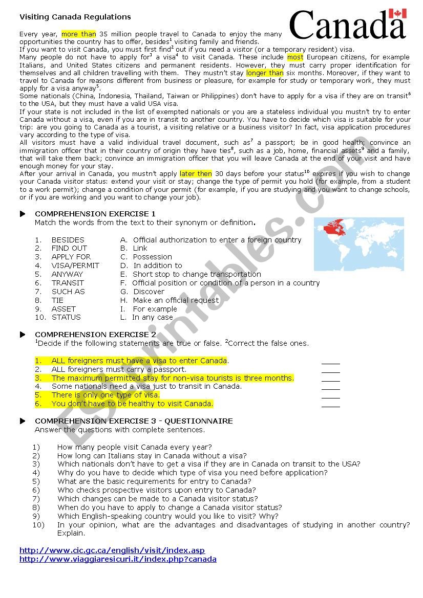 VISITING CANADA REGULATIONS worksheet