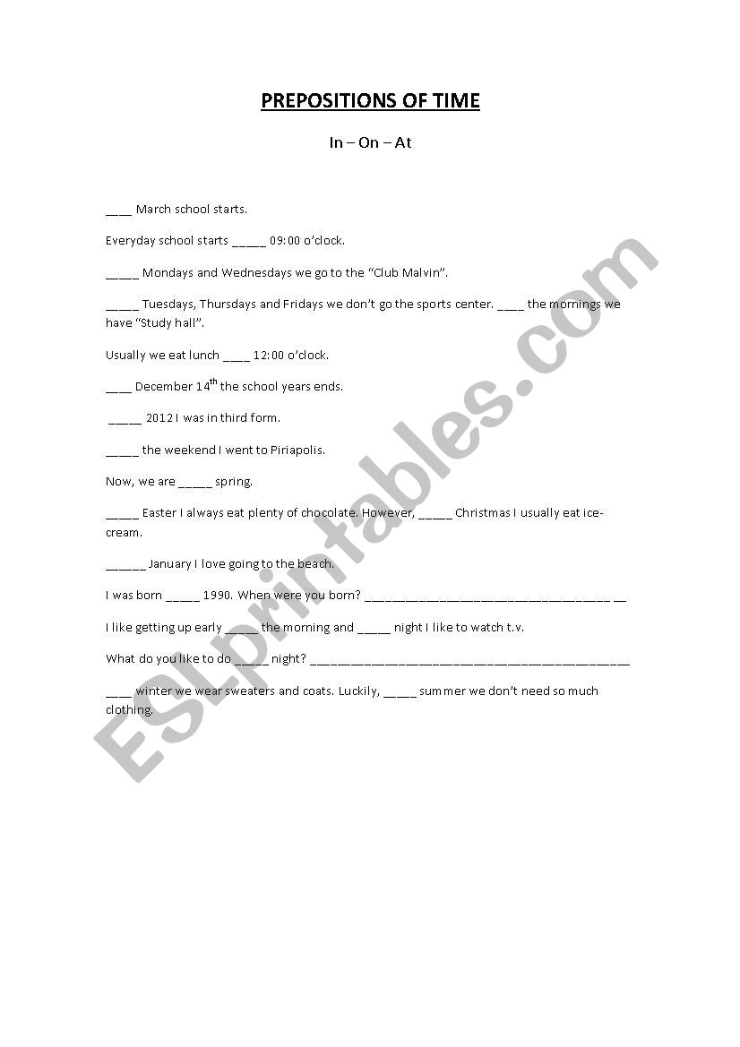 Prepositions of time worksheet