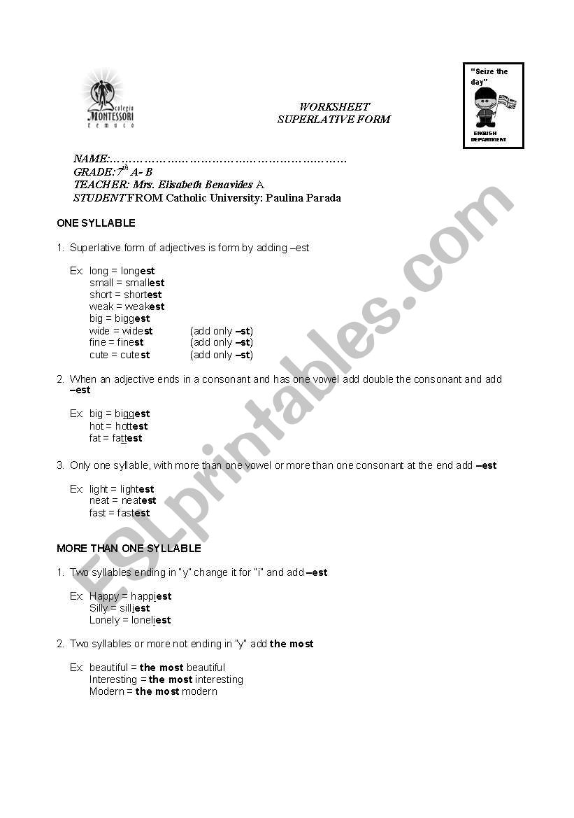 Superlative Form worksheet