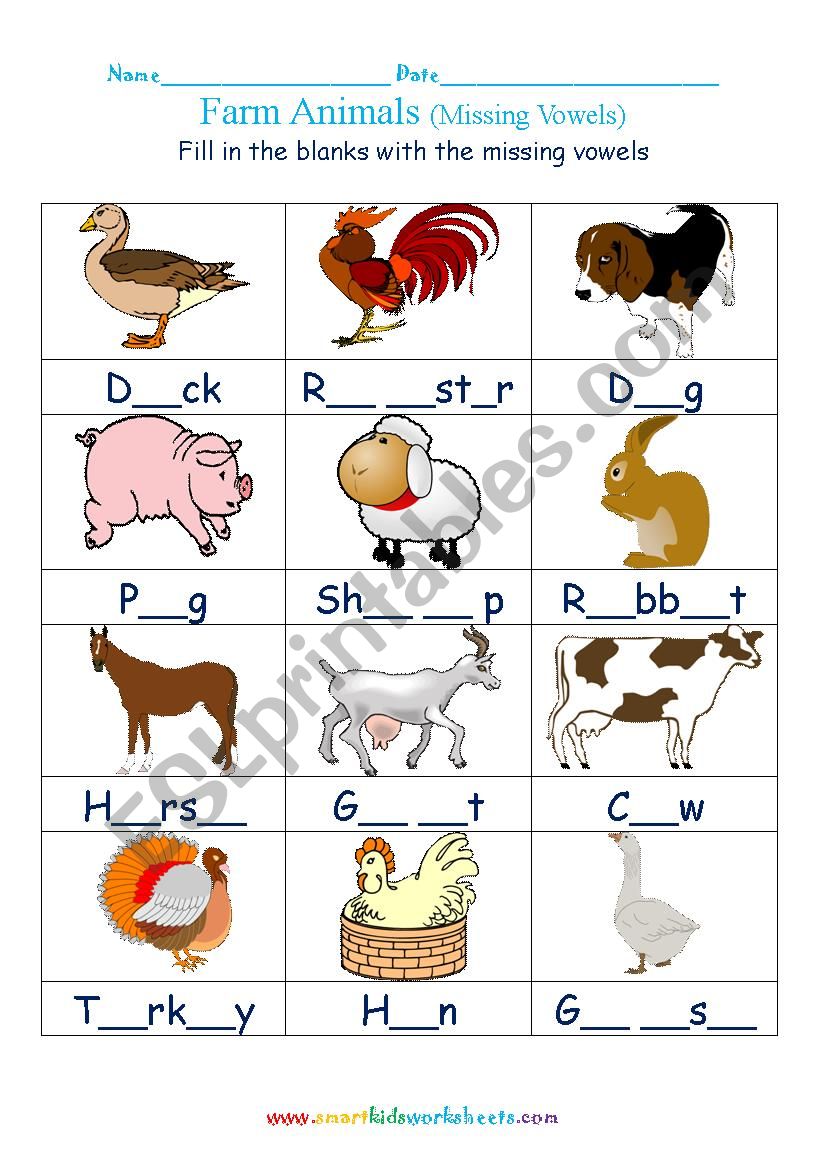 Farm animals missing vowels worksheet