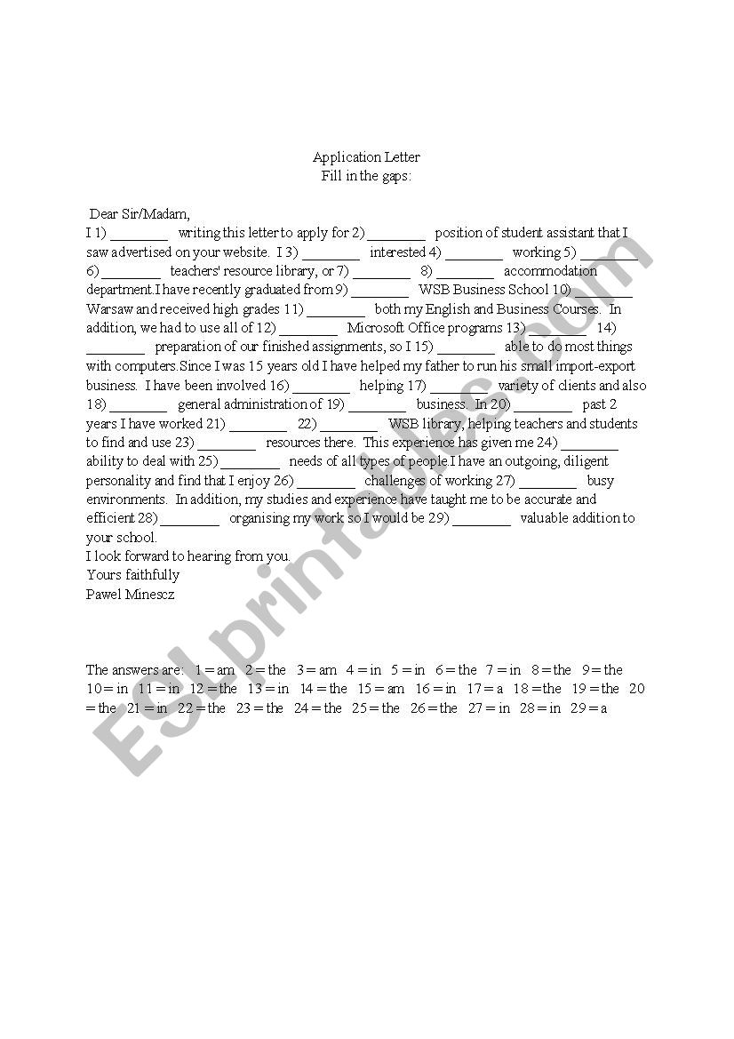 Letter of application worksheet