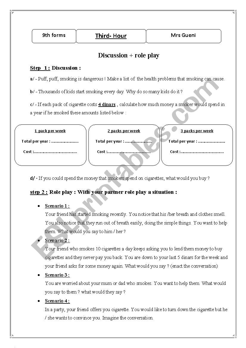 smoking and health worksheet