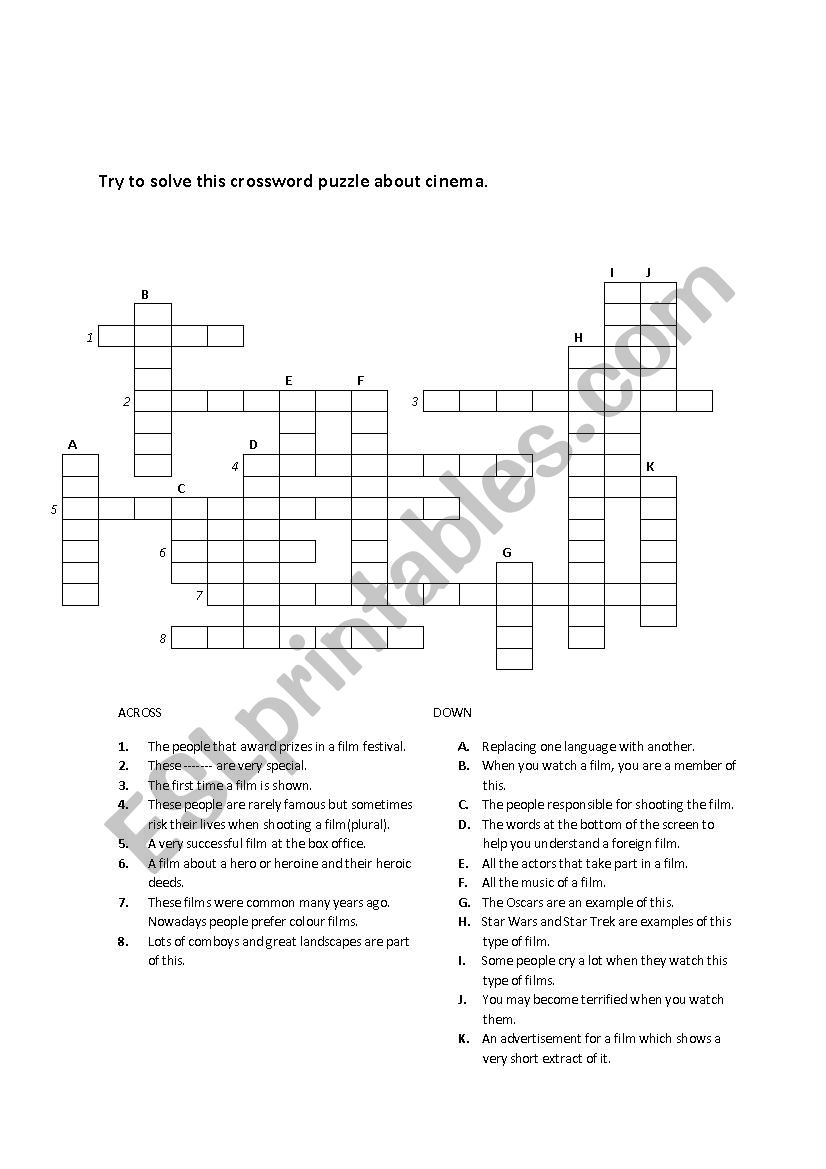 CINEMA crossword worksheet