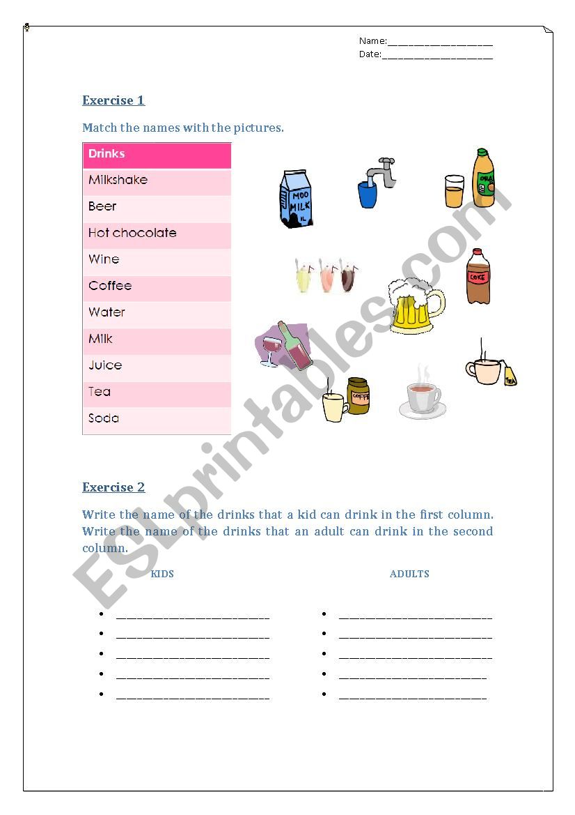 Drinks worksheet