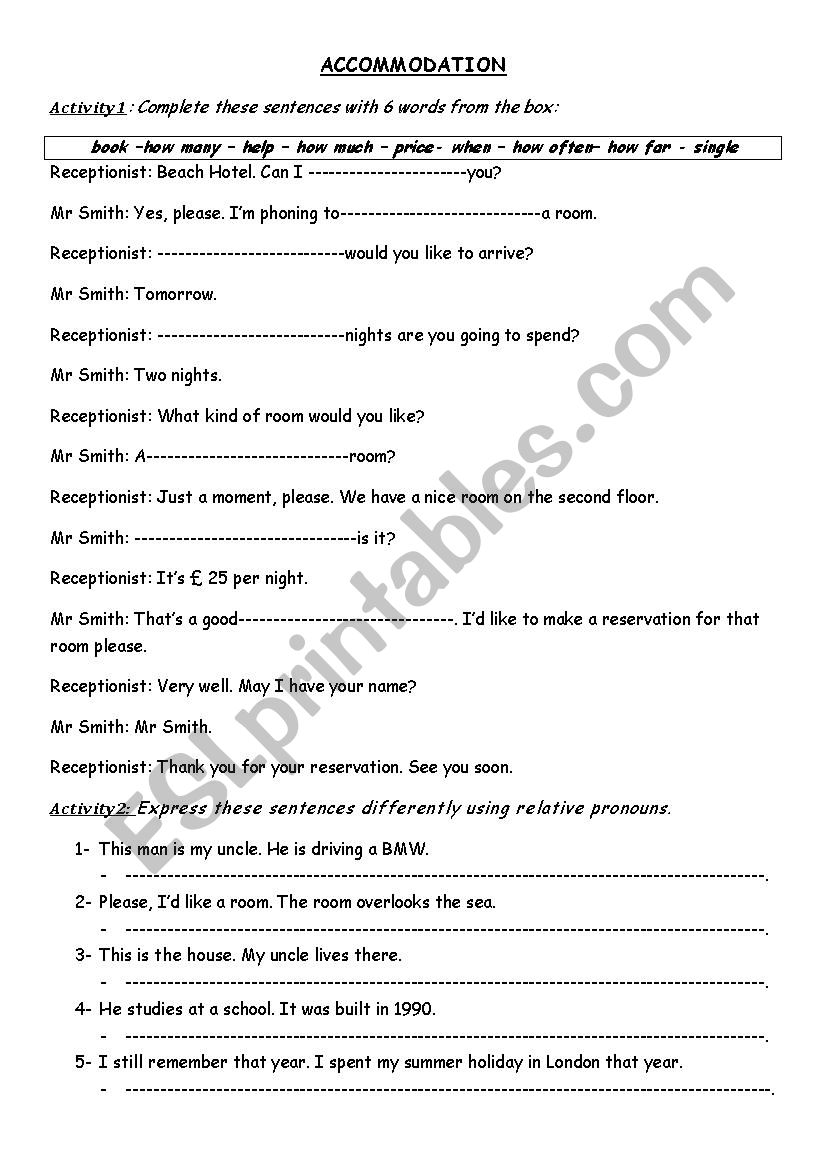 Accommodation worksheet