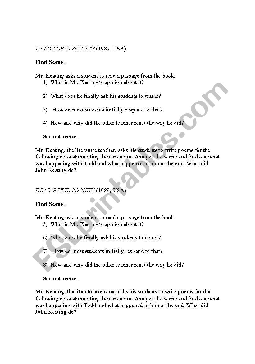 Dead Poets Society Movie worksheet