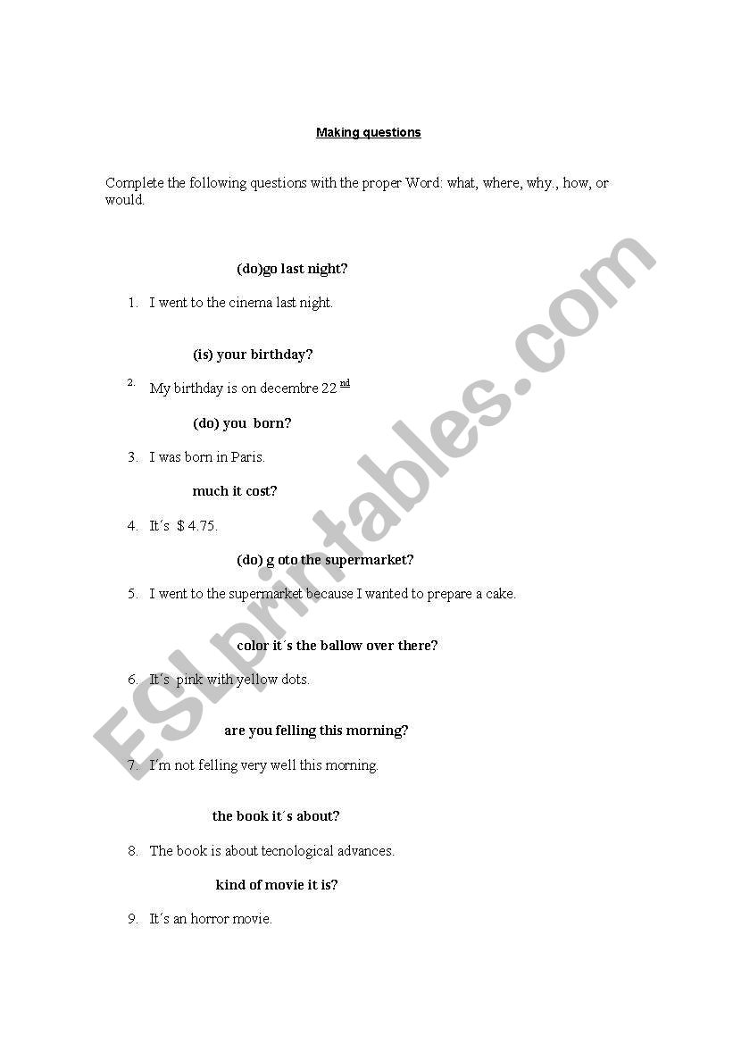 questions worksheet