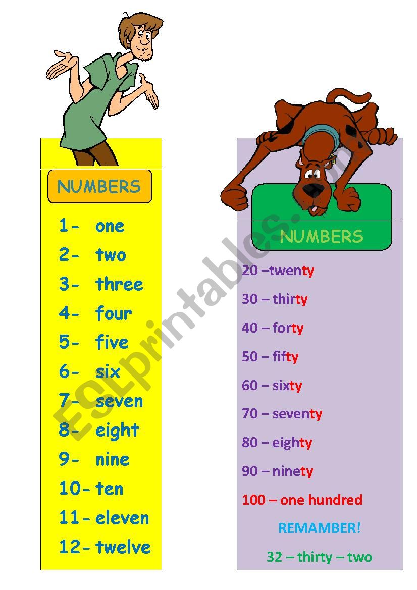 numbers - bookmarks worksheet