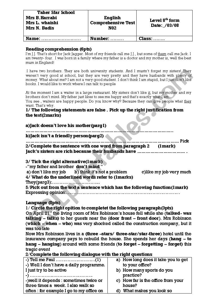 ordinary english test N2 worksheet