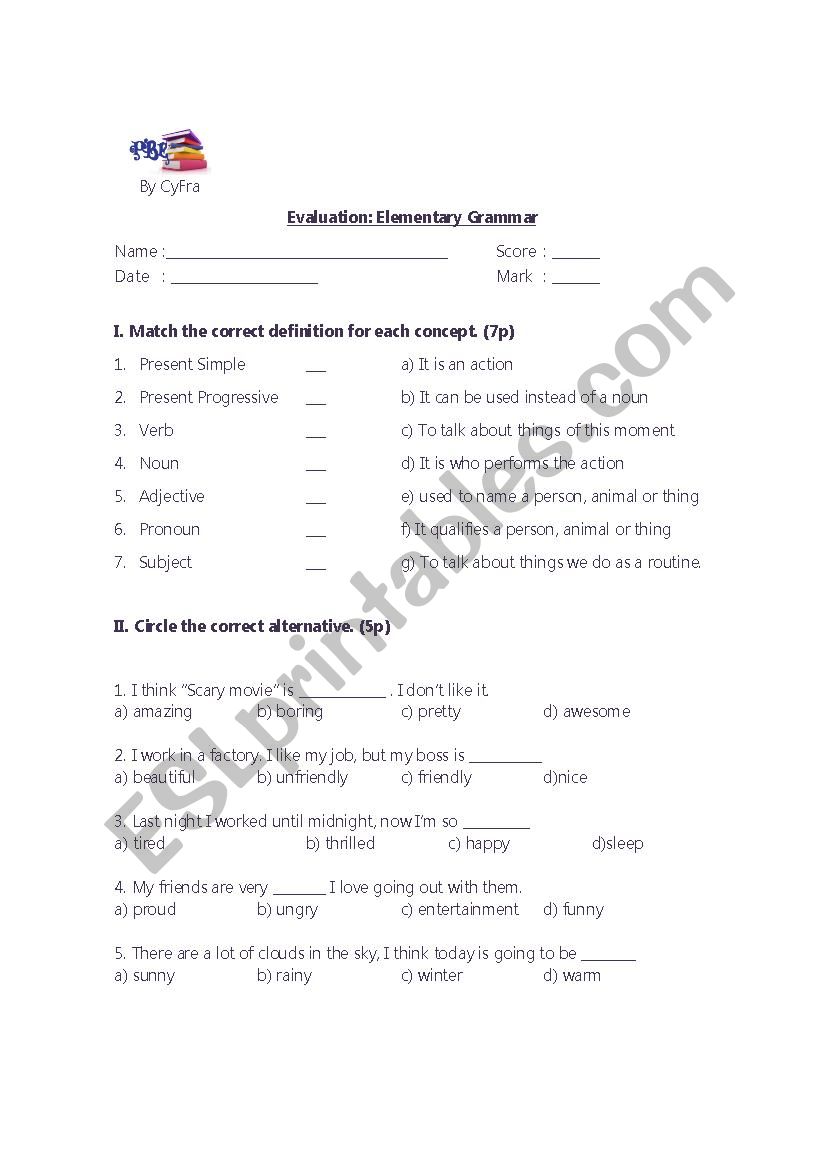 Elementary Grammar Test worksheet