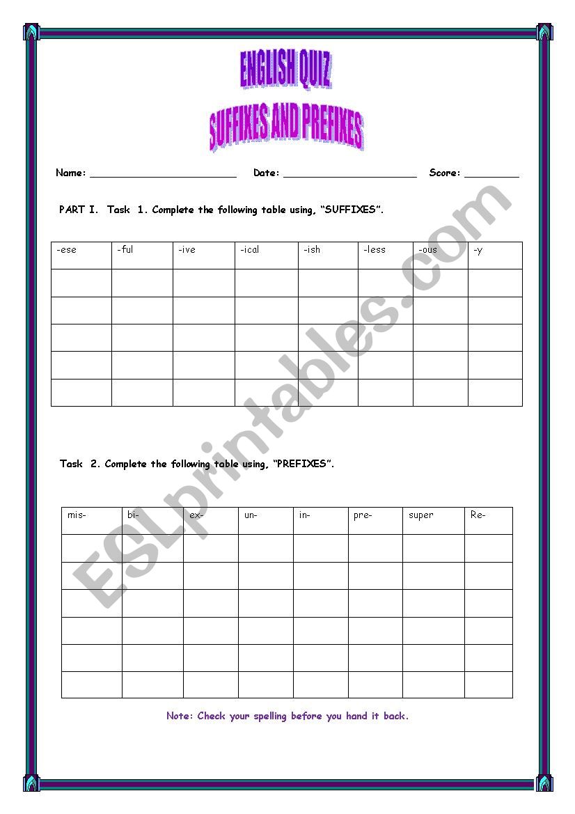 Suffixes and Prefixes Quiz worksheet