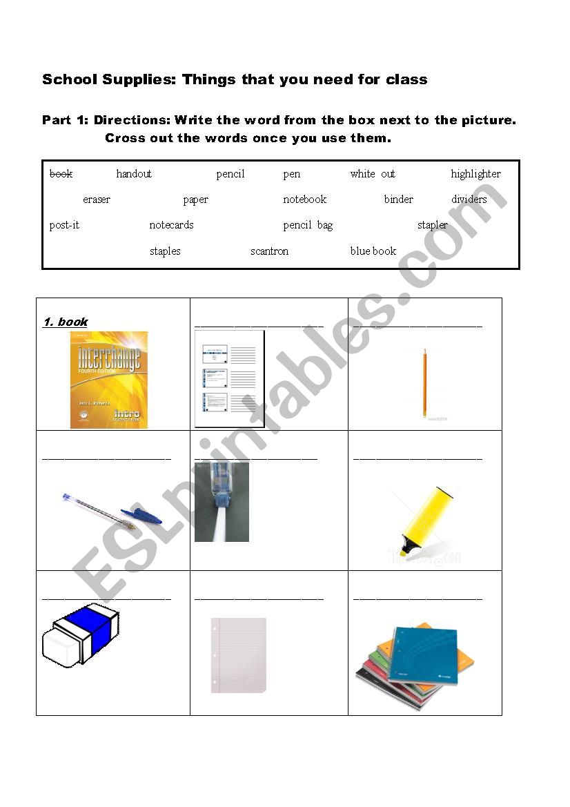 Classroom Supplies worksheet