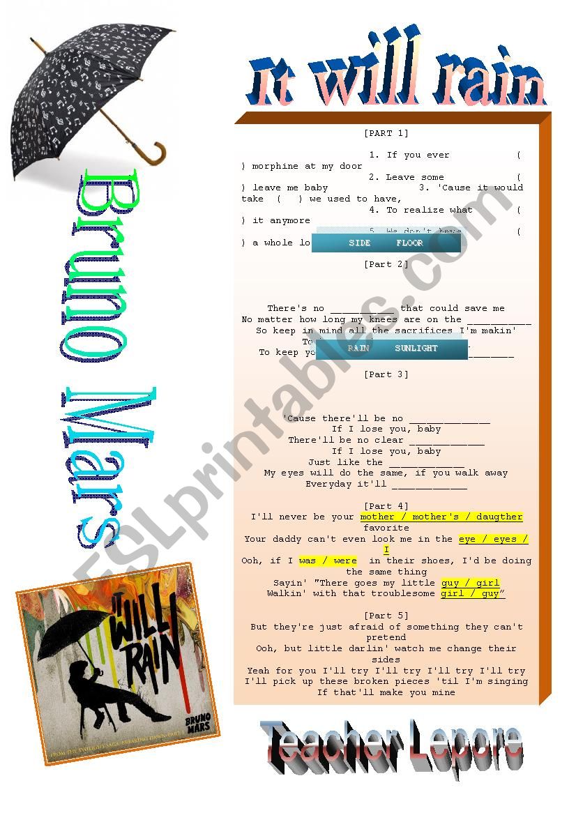 BRUNO MARS - IT WILL RAIN  worksheet