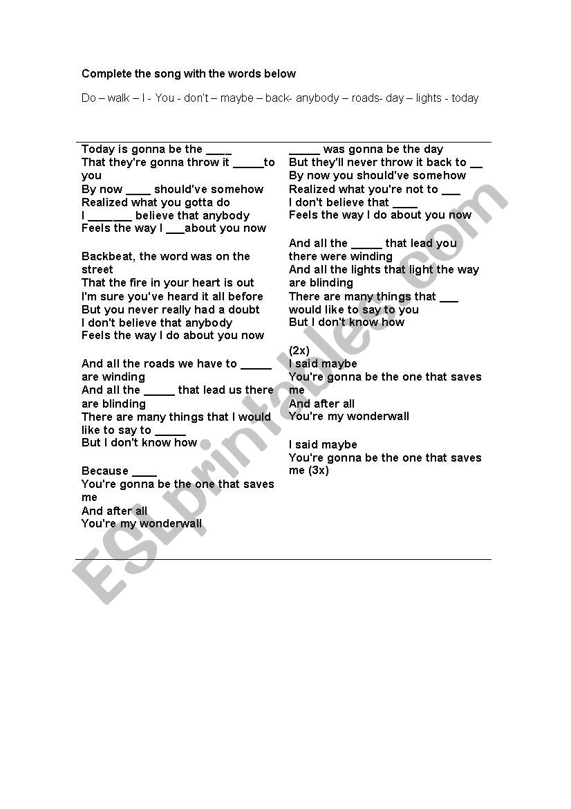 Song- wonderwall worksheet