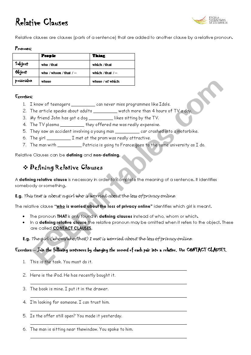 Defining and Non-defining Relative clauses