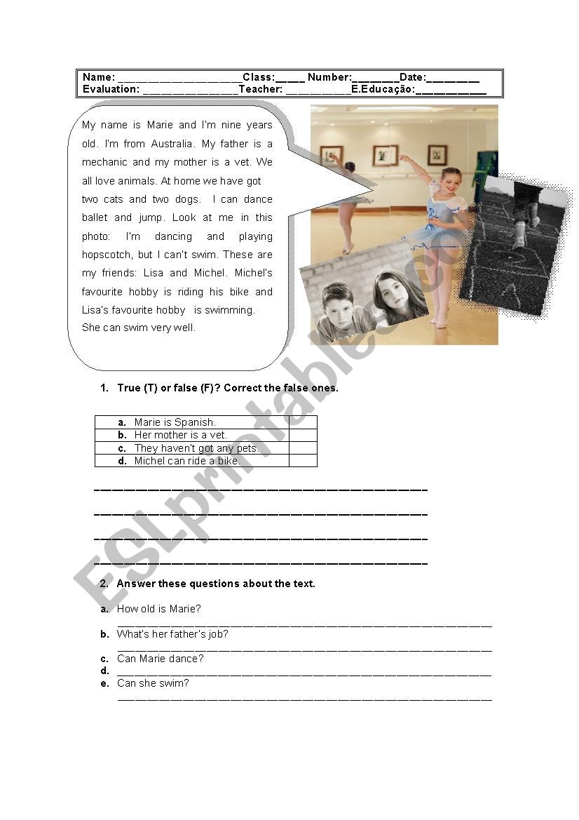 Test Reading/comprehension worksheet