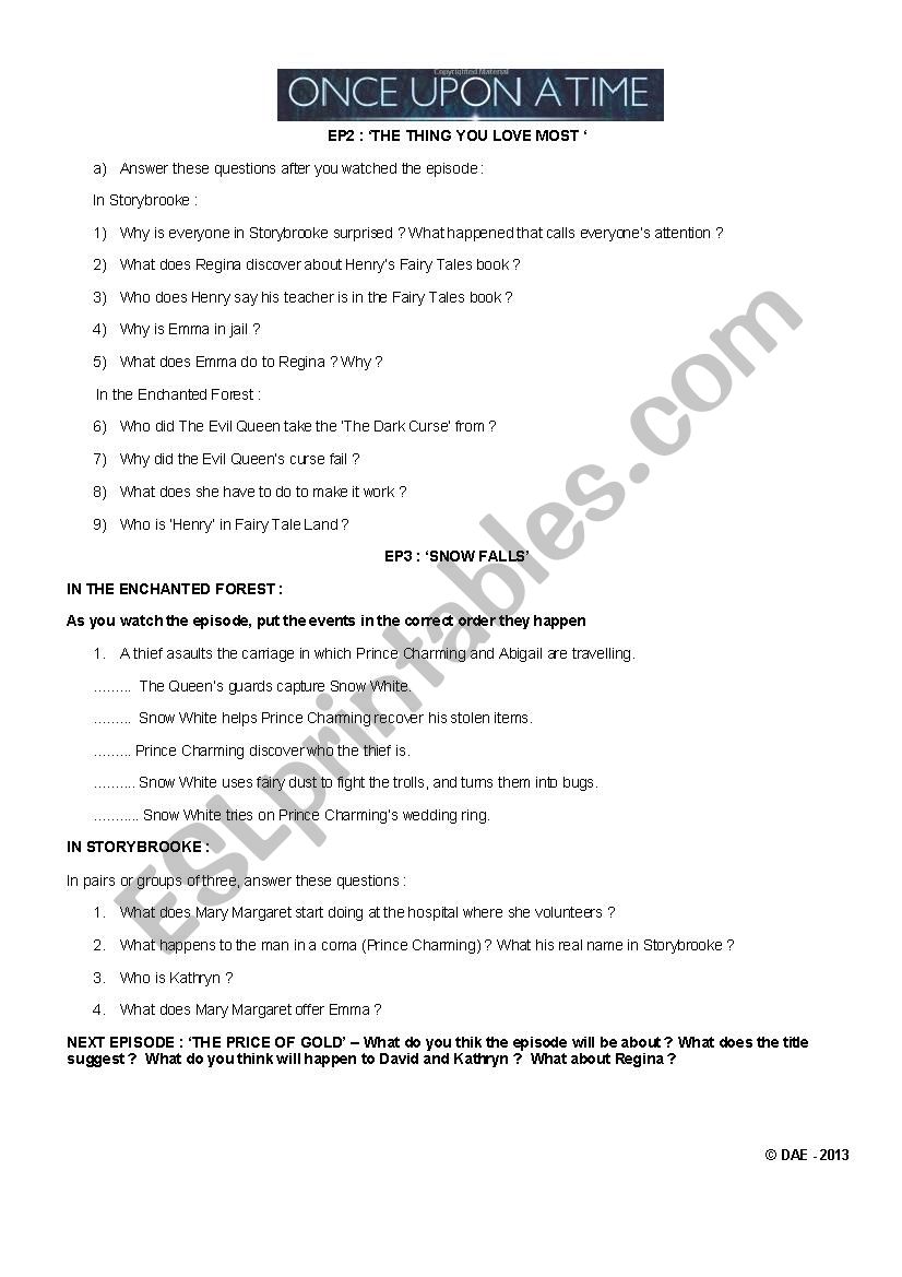 Once Upon a Time - Worksheet episodes 2 and 3