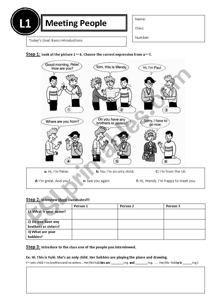 Lesson 1 - meeting people worksheet