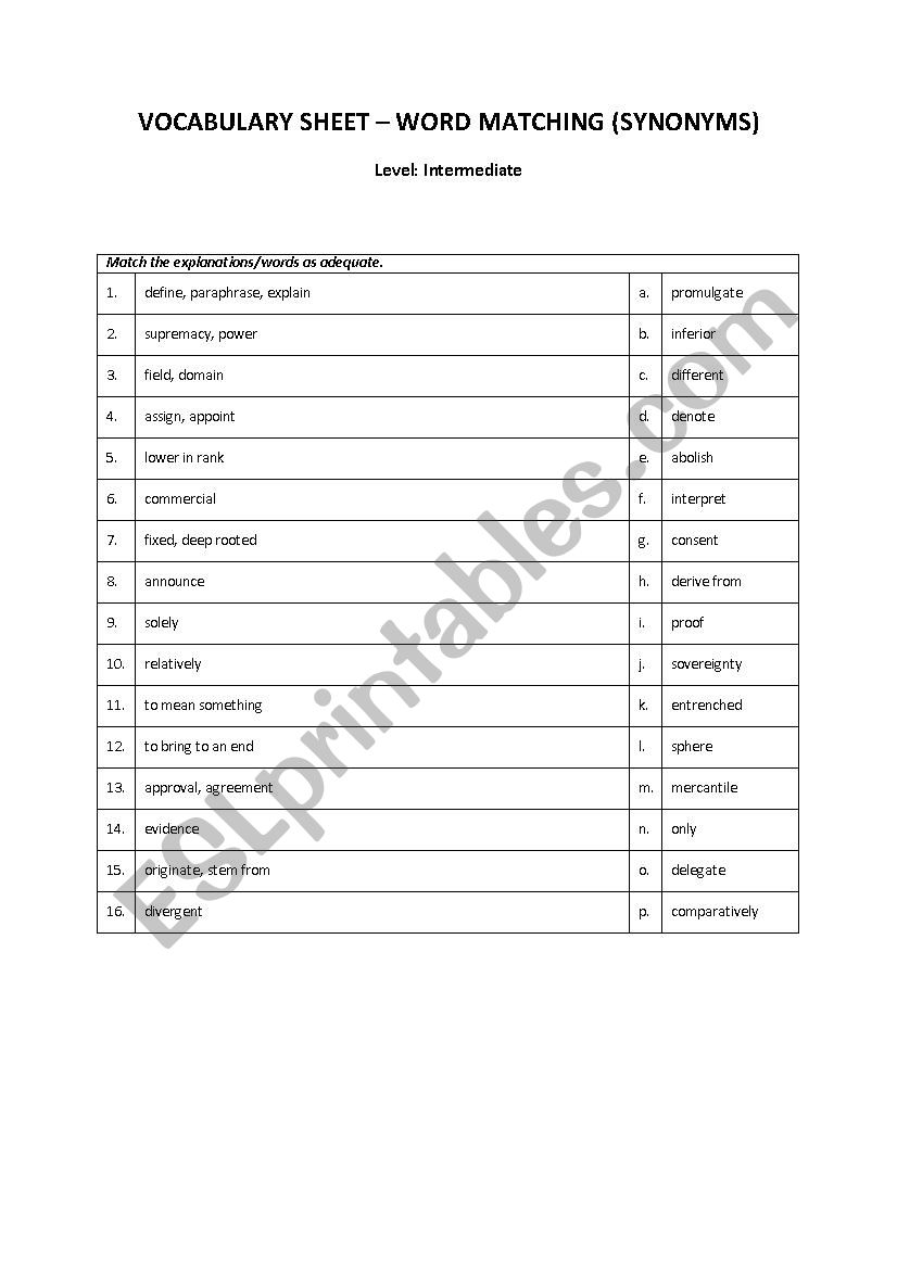 Word Matching worksheet