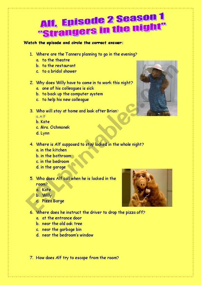 Alf Episode 2 season 1 worksheet