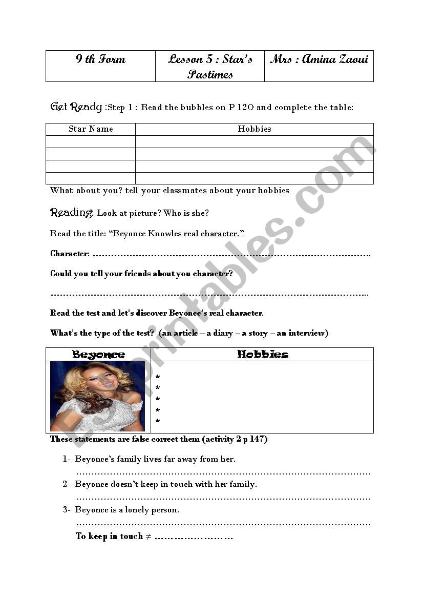 starsÂ´ pastimes worksheet
