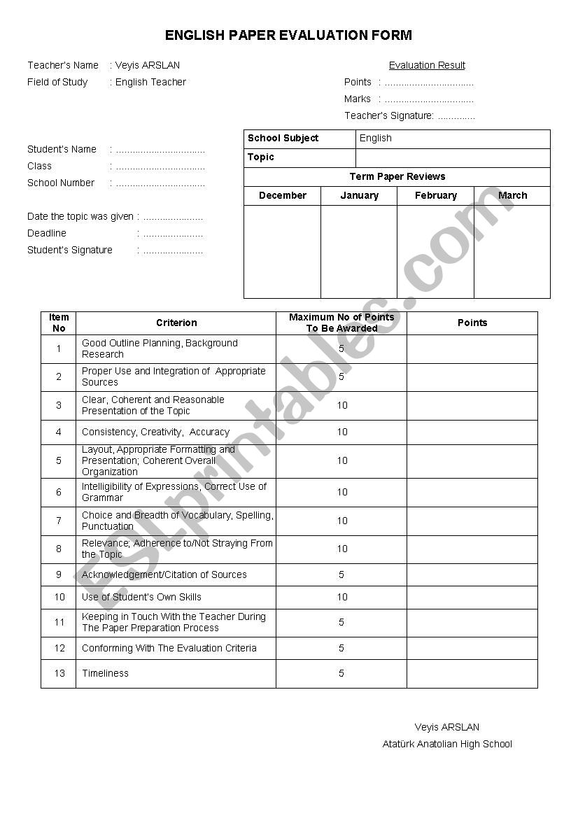 paper Evaluation form worksheet