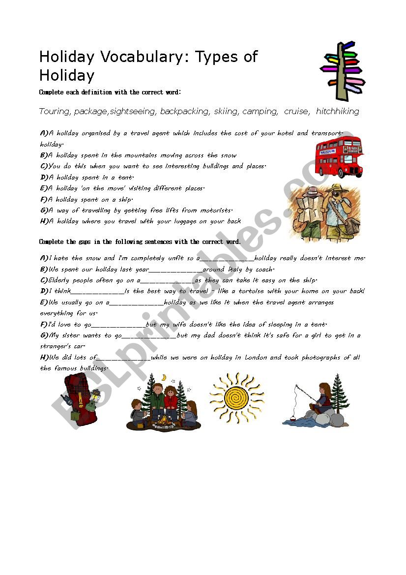 Types of holidays worksheet