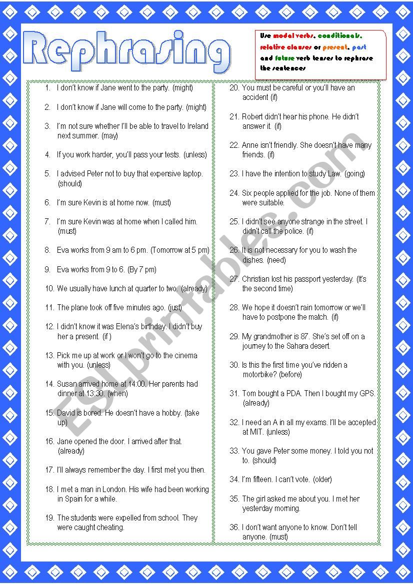 Rephrasing activities worksheet