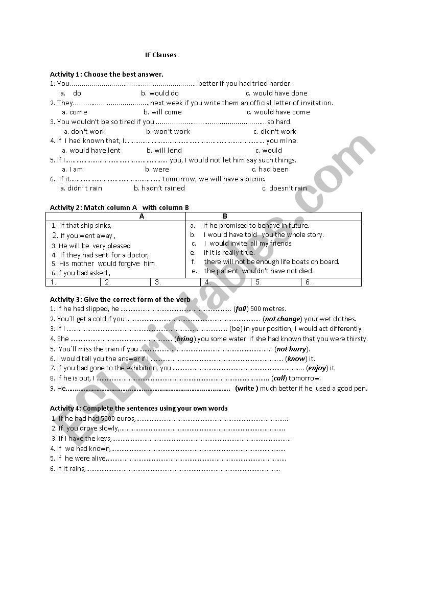If clauses worksheet