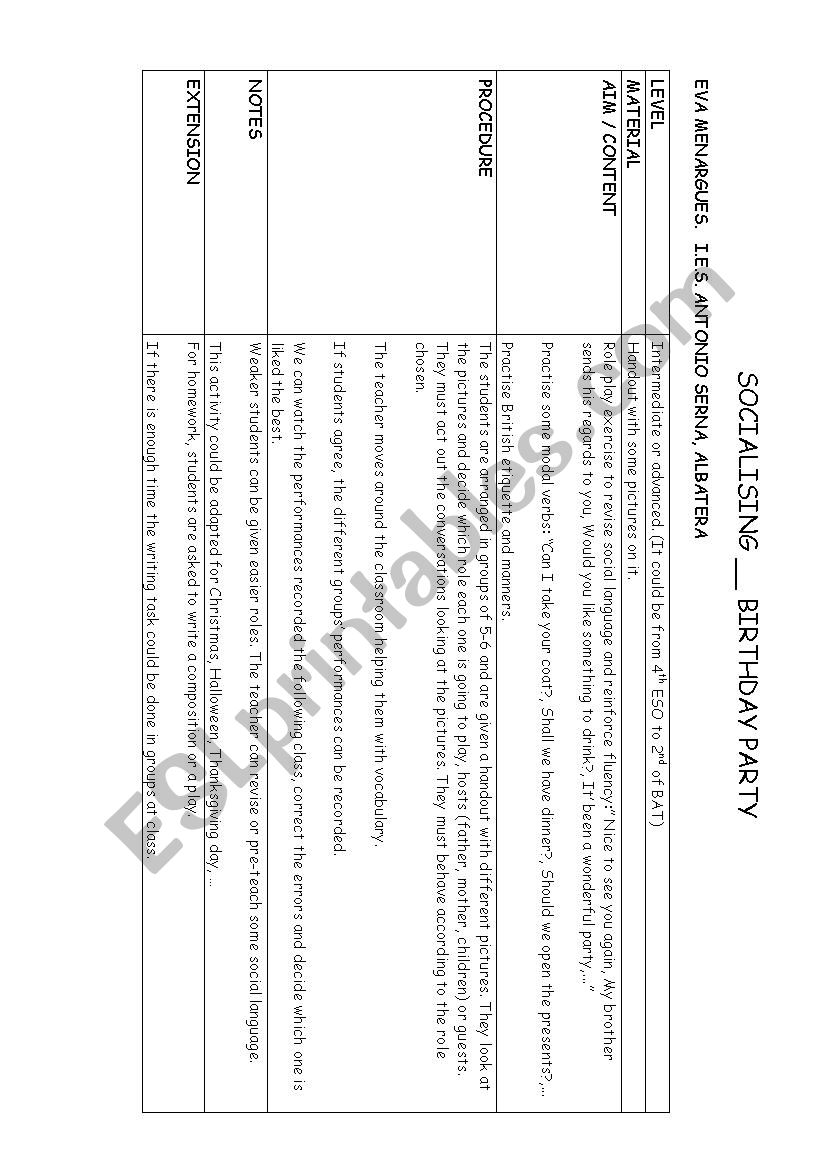 SOCIALISING. A BIRTHDAY PARTY worksheet