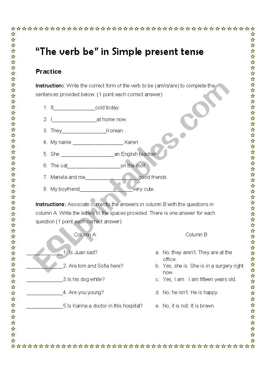 Worksheet for the verb be worksheet