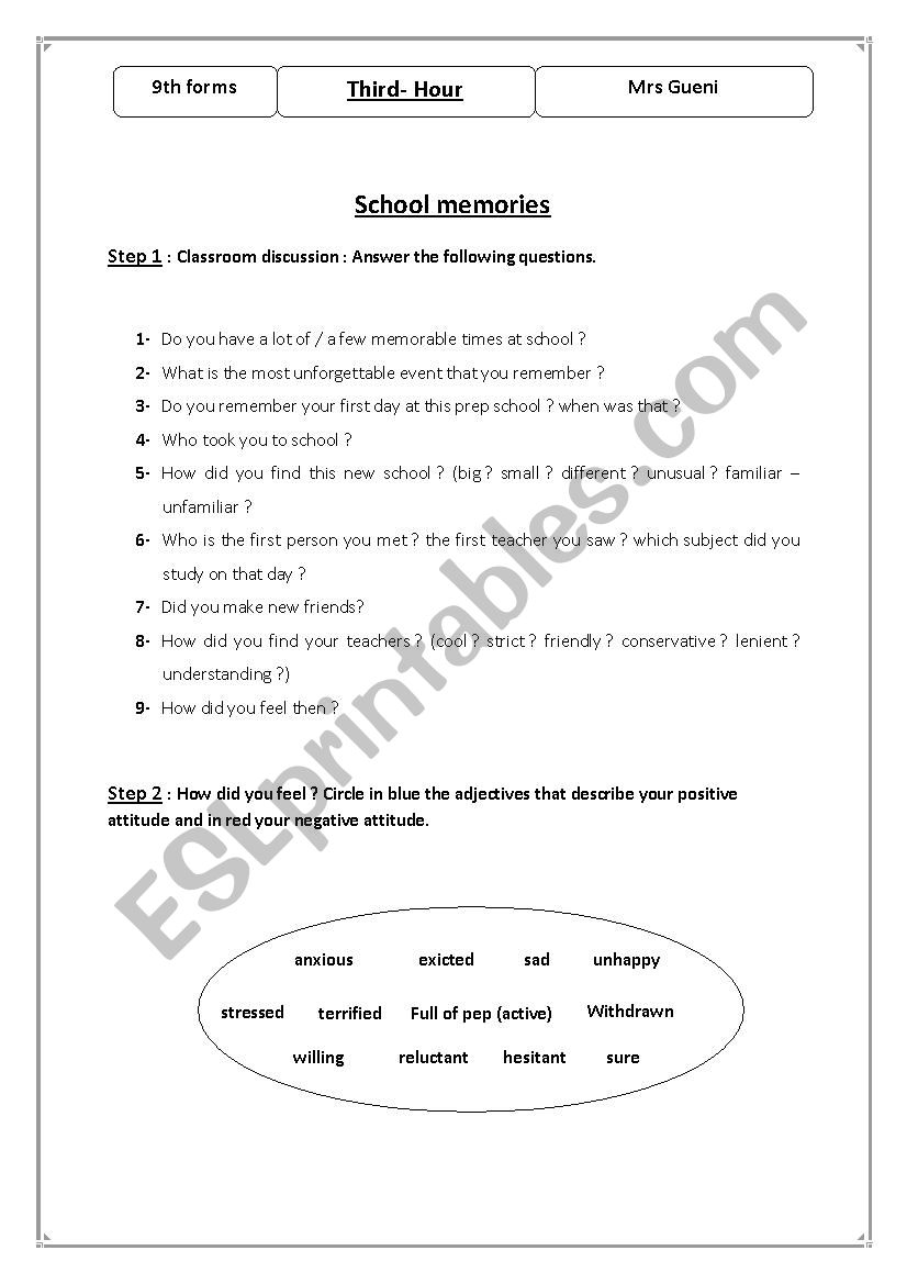 school memories  worksheet