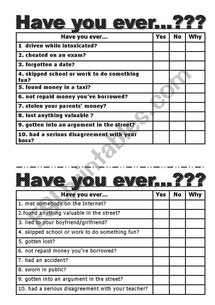 Have you ever survey worksheet