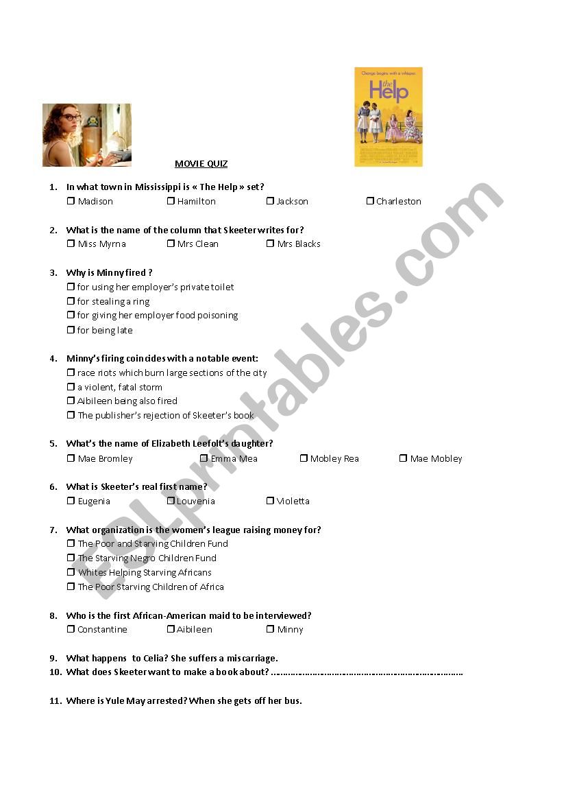 The Help! movie quiz worksheet