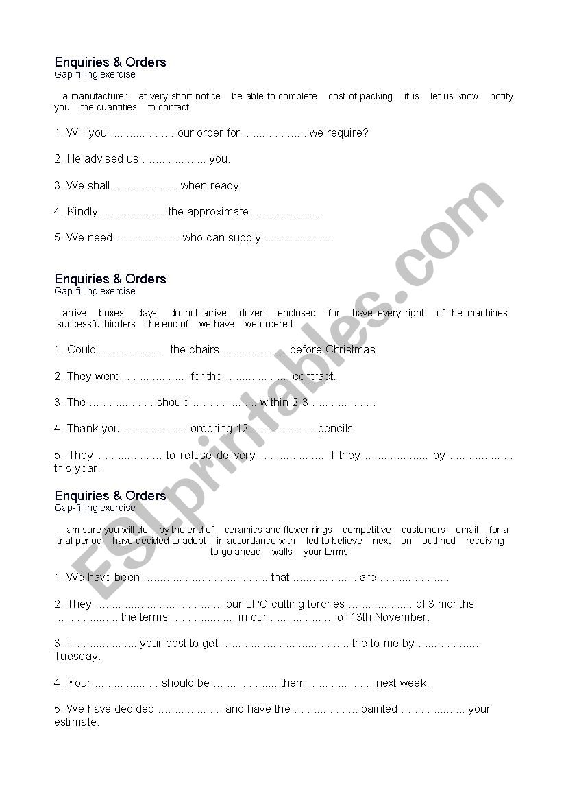 Enquiries & Orders  worksheet