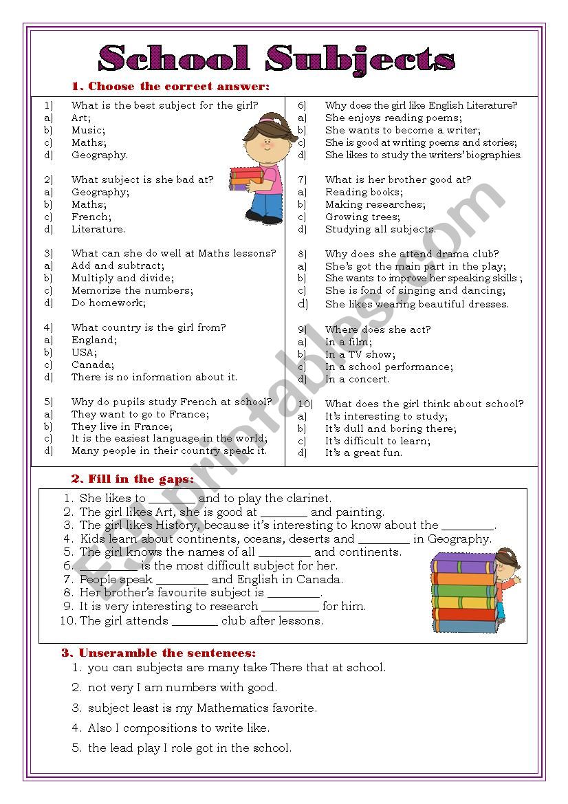 School Subjects worksheet