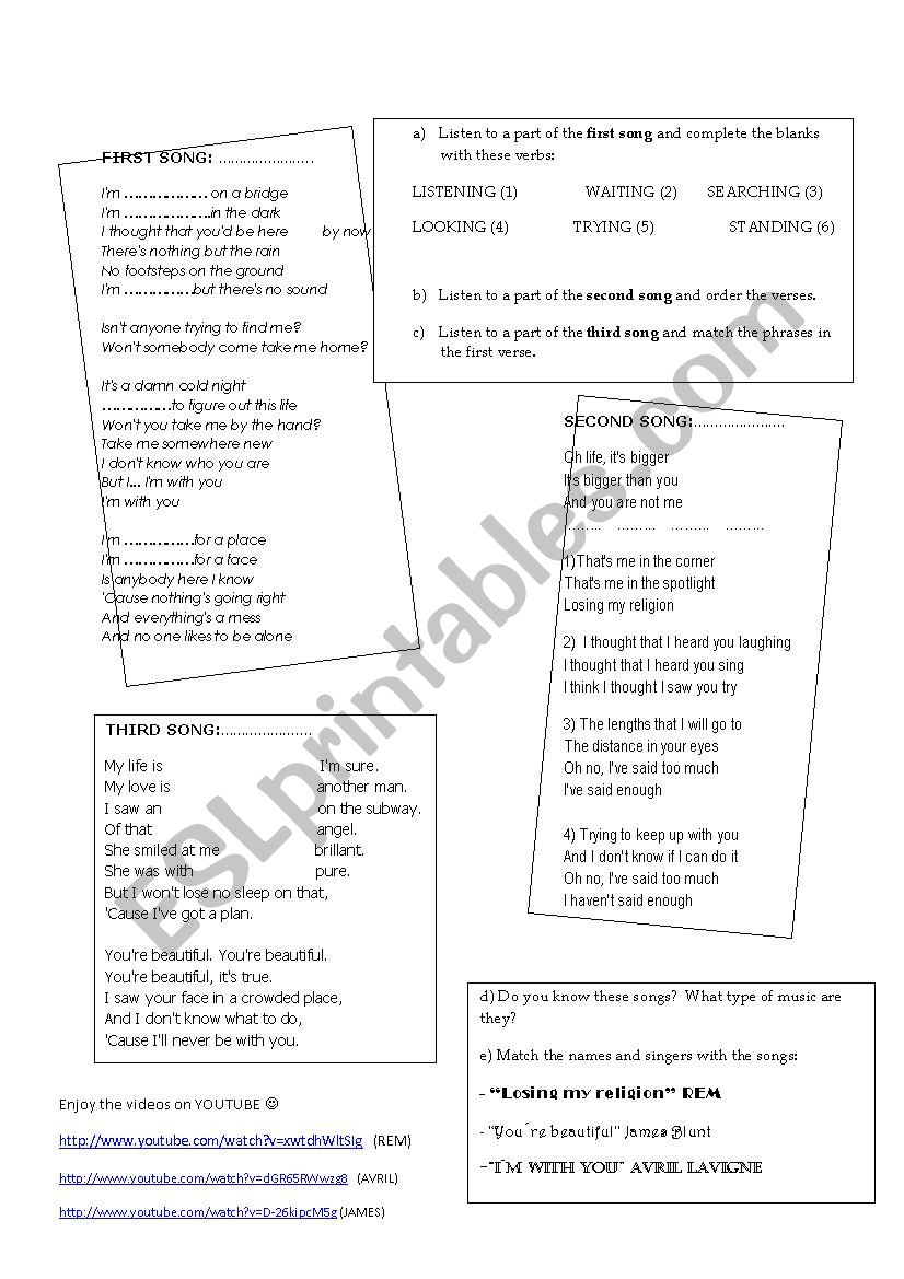 working with songs worksheet