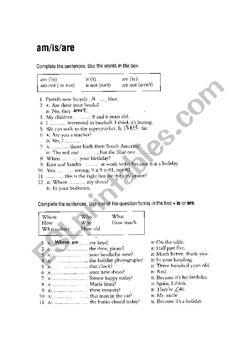 verb to be worksheet