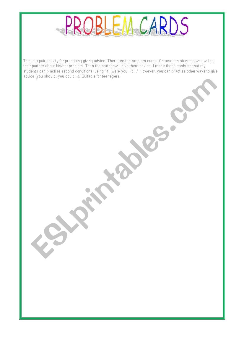 Play problem cards worksheet