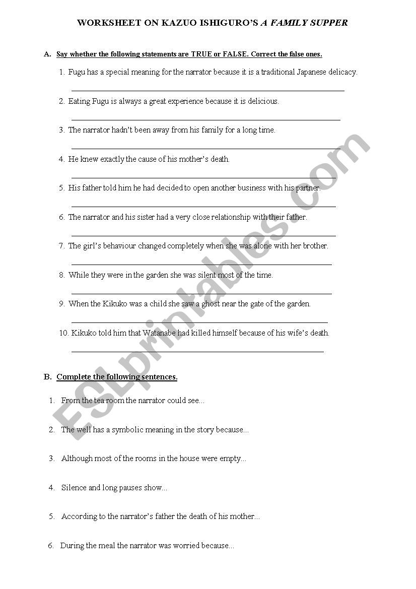 Worsheet on A Family Supper worksheet
