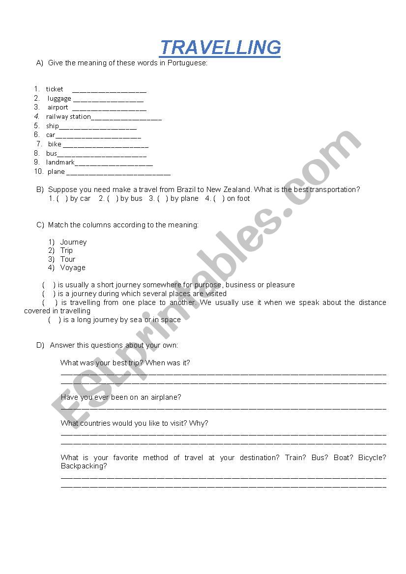 Travelling worksheet