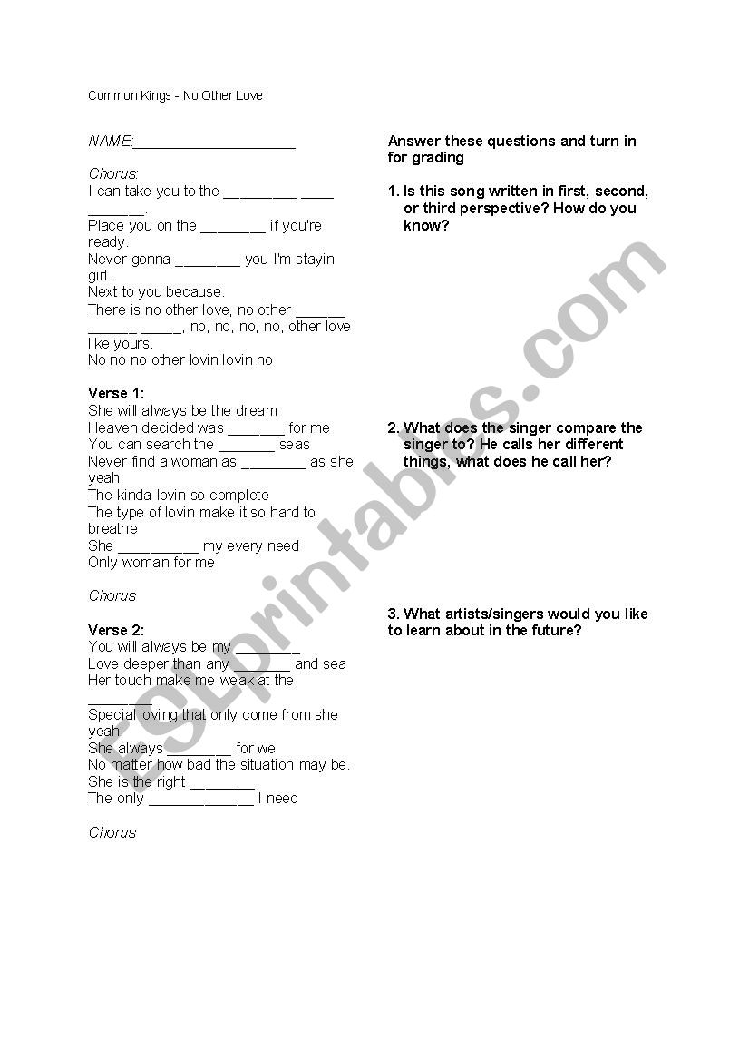 No Other Love - Common Kings worksheet