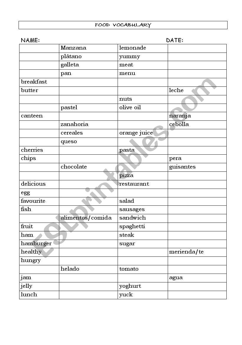 FOOD  VOCABULARY  worksheet
