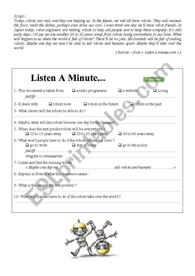 Robots Listening Activity. worksheet