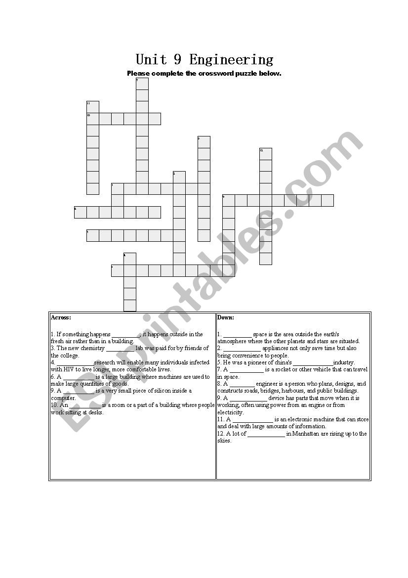 Language Leader intermediate Unit 9 Engineering crossword puzzle