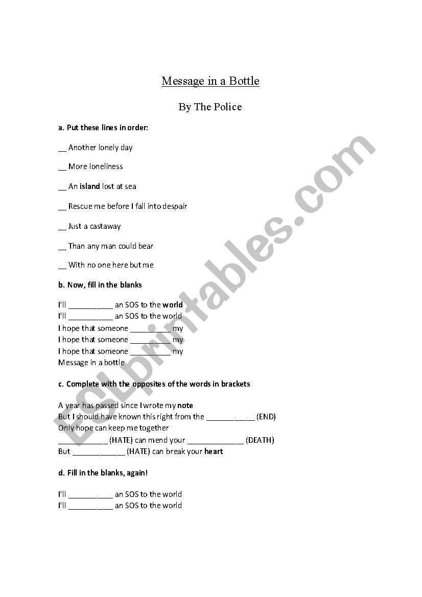 Message in a Bottle worksheet