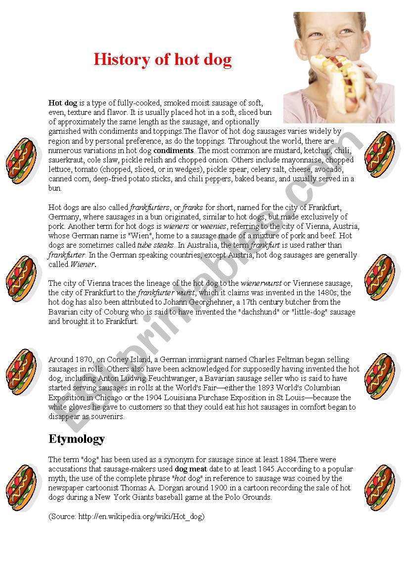 The history of hot dog worksheet