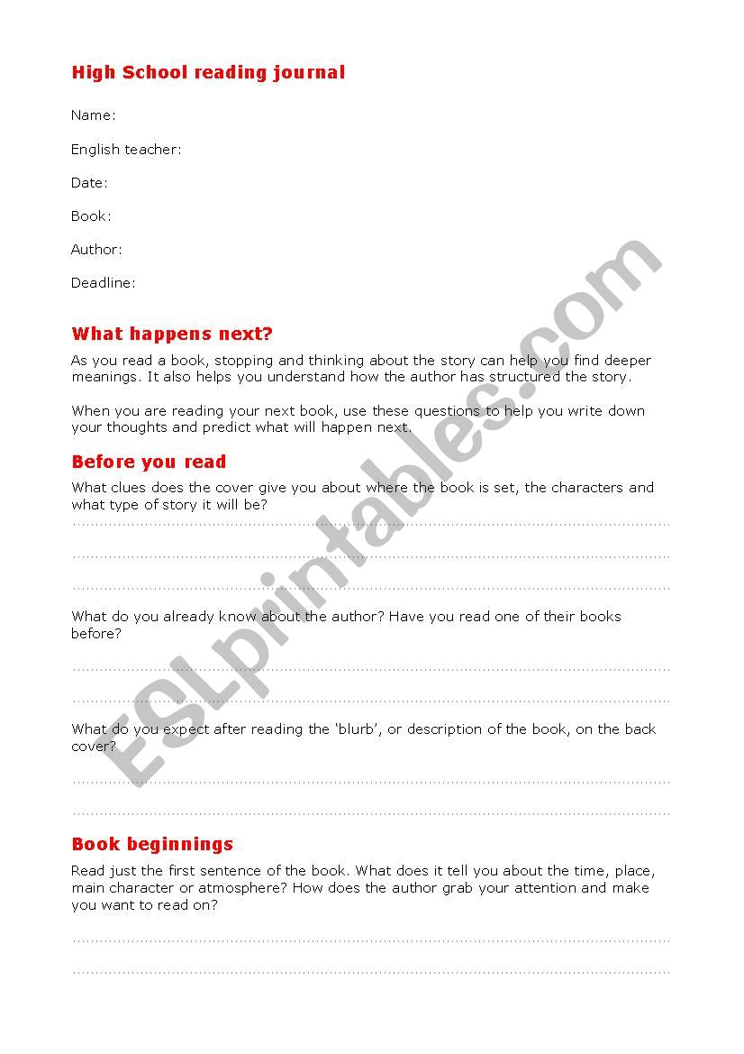 High School reading journal worksheet