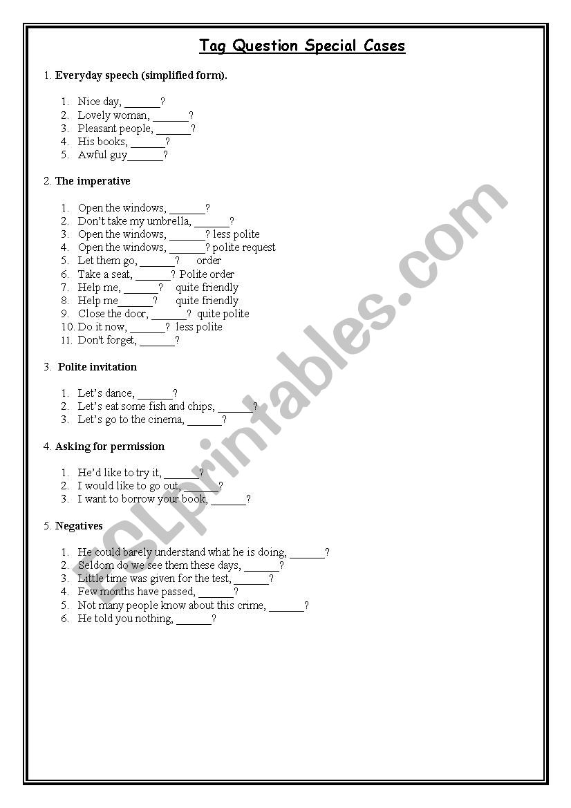 Tag questions special cases worksheet