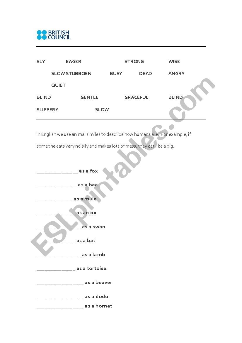 Animal similes worksheet